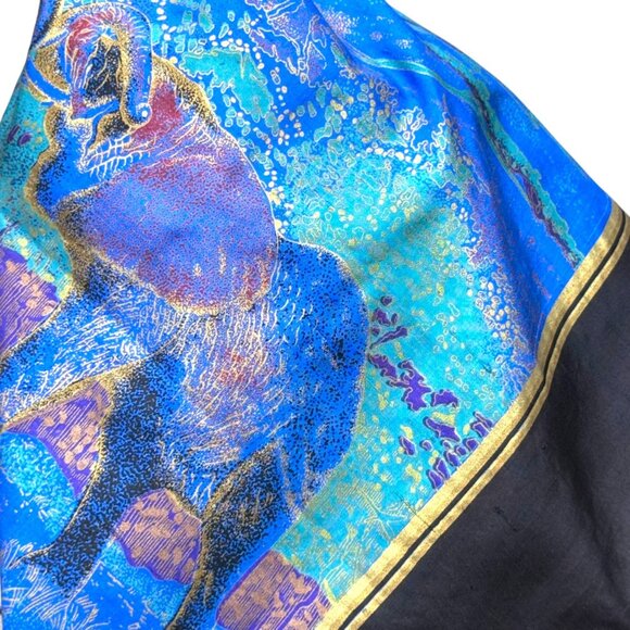 Vintage Thai Silk Scarf Black Gold Safari Elephants African Wildlife Print 34" - Picture 7 of 8